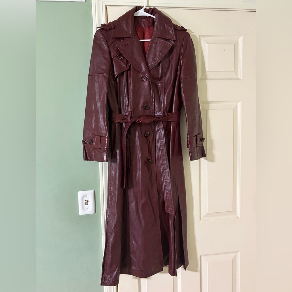 VINTAGE 70s ETIENNE AIGNER Womens Long Leather Trench Coat Belted OXBLOOD Small